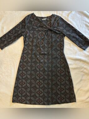Royal Robbins Essential Nara Dress Large Gray Printed 3/4 Sleeve Casual Stretch